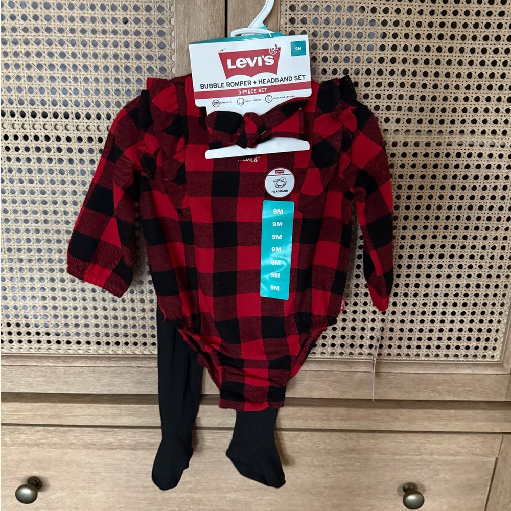 Levi's Red and Black Plaid Bubble Romper Set